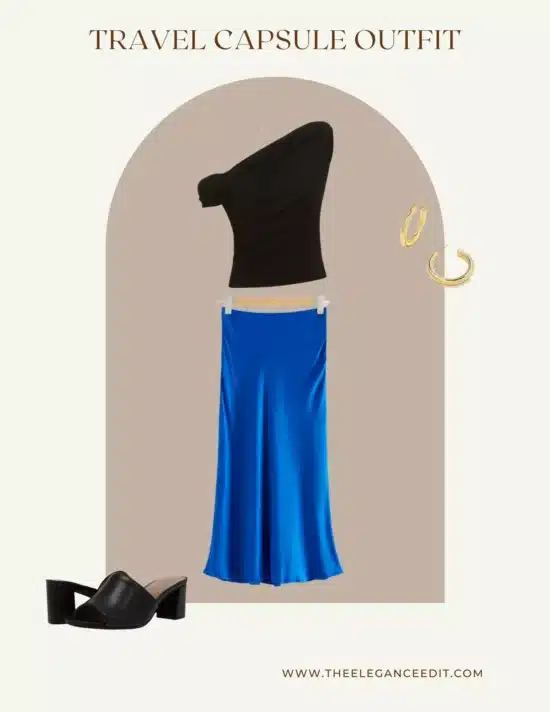 travel date night outfit with silk midi skirt and hoop earrings