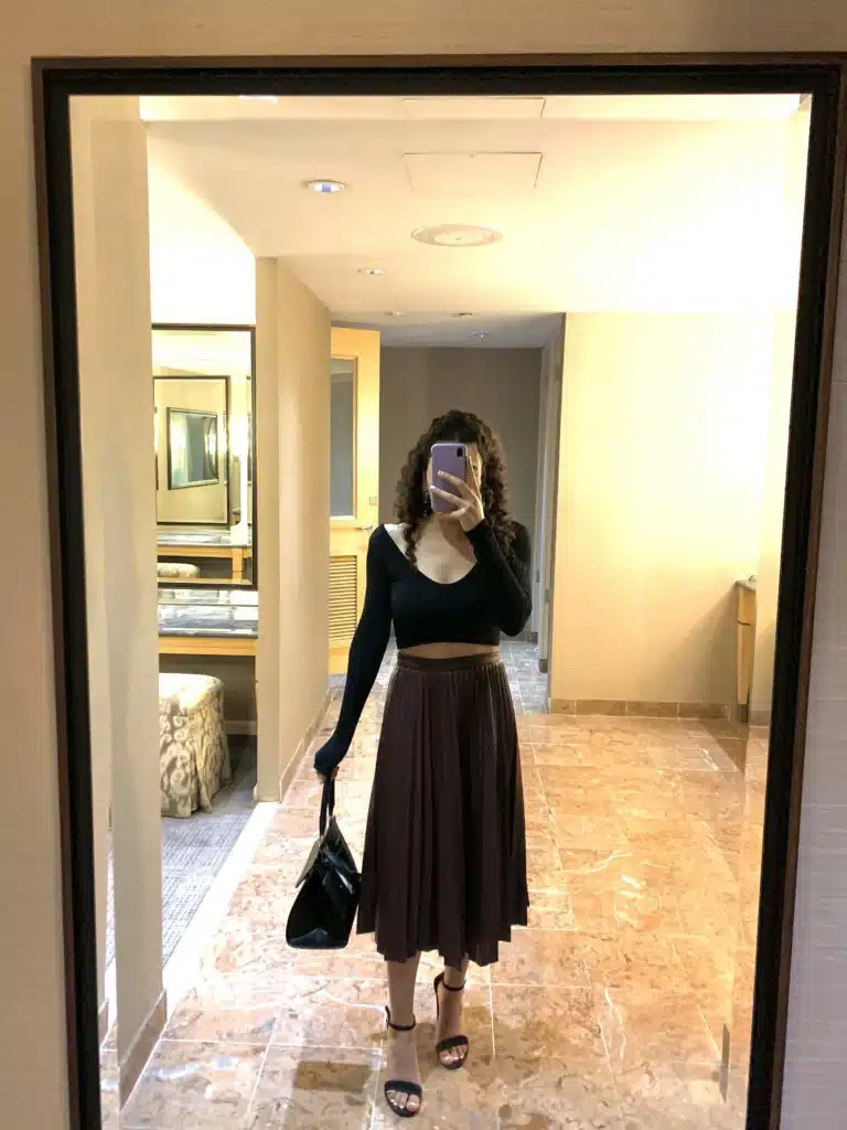 outfit with leather pleated skirt