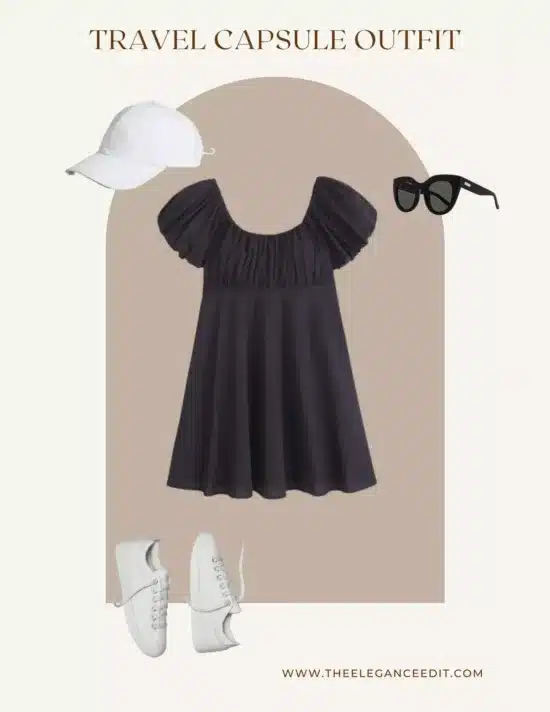 black mini dress travel outfit with sneakers and sunglasses