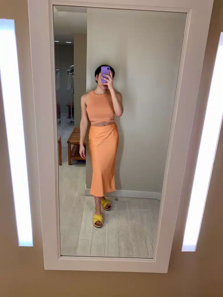 midi skirt and tank top orange outfit