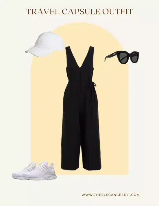 travel capsule wardrobe outfit jumpsuit and sunglasses