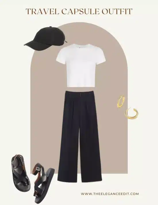 chic weekend trip outfit with linen trousers and leather sandals.