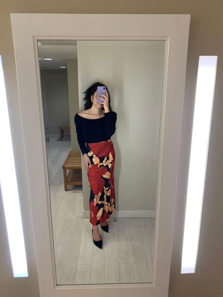 winter capsule wardrobe outfit maxi skirt and boat neck top