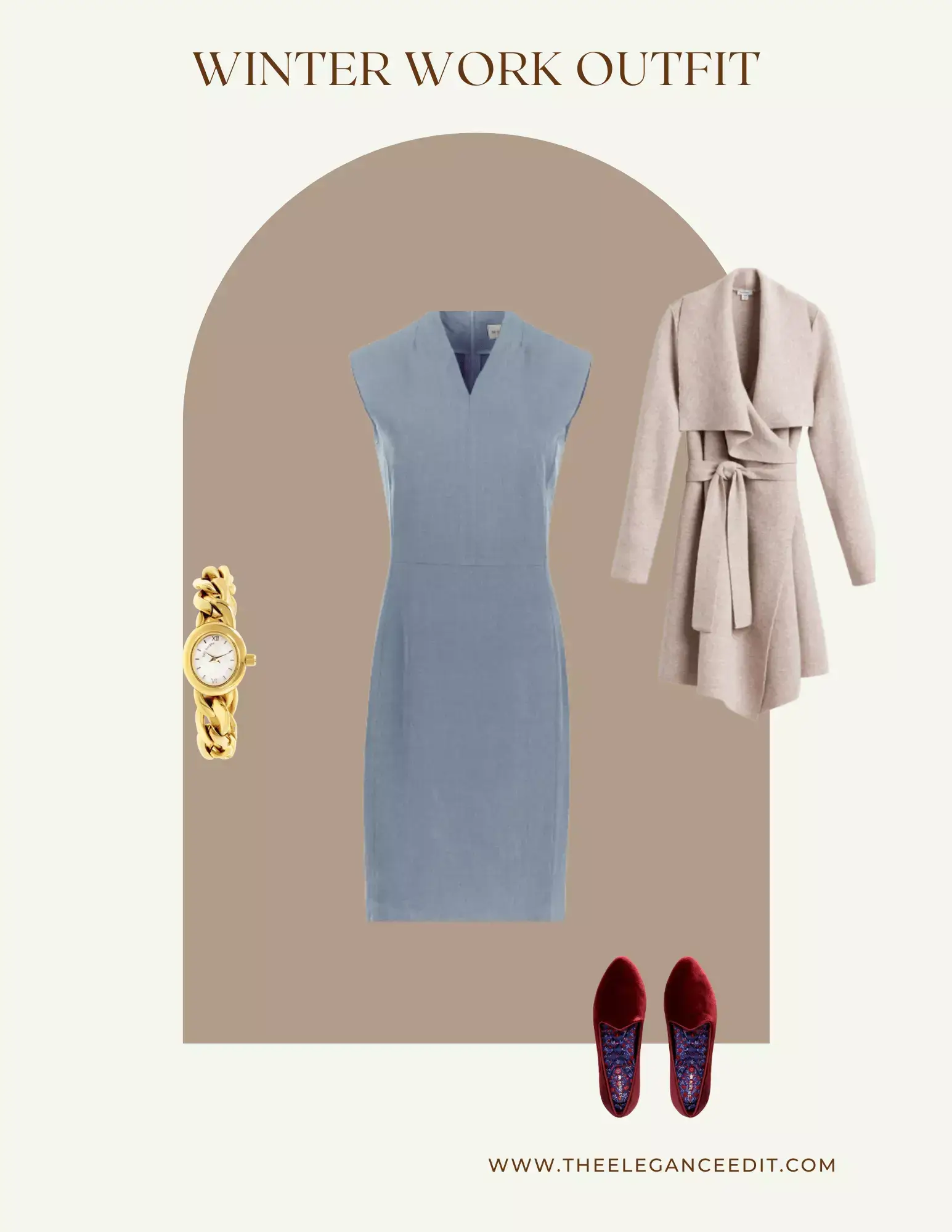 neutral colored professional outfit with blue sheath dress and loafers