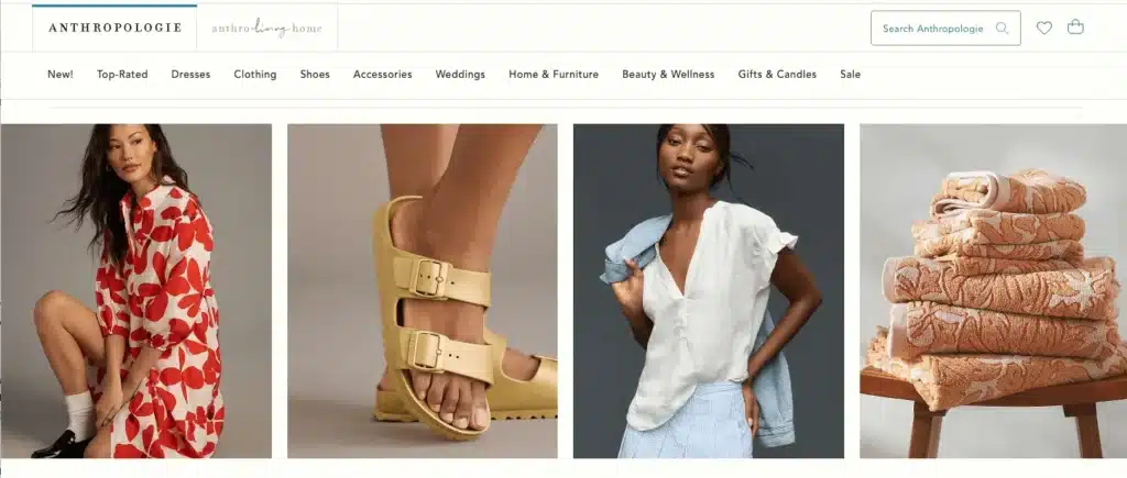 Anthropologie homepage showing customer favorite dresses and shoes
