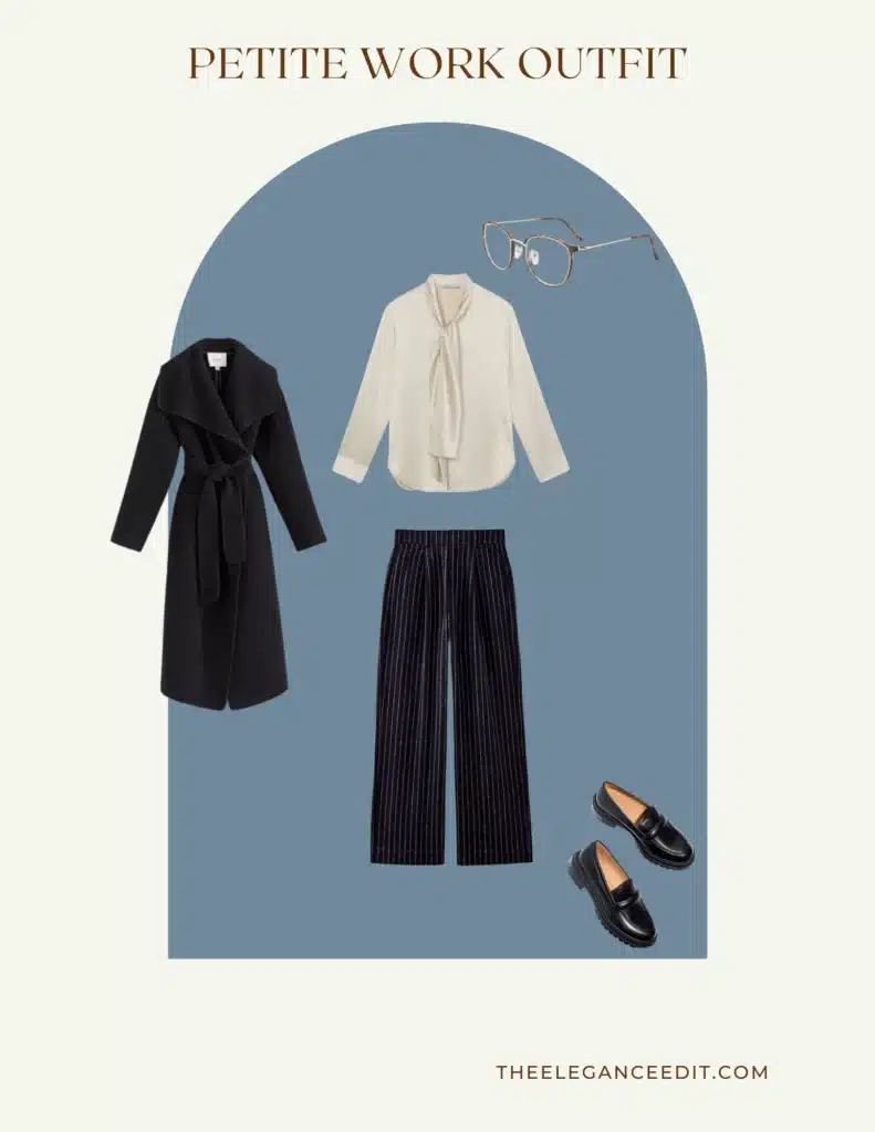 Business Casual Petite Work Outfit with silk blouse and trousers