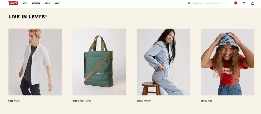 Levis shoppable homepage with womens and mens clothing