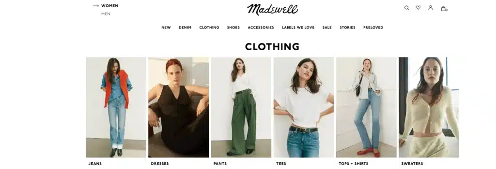 Madewell womens clothing showcasing denim, dresses, and sweaters