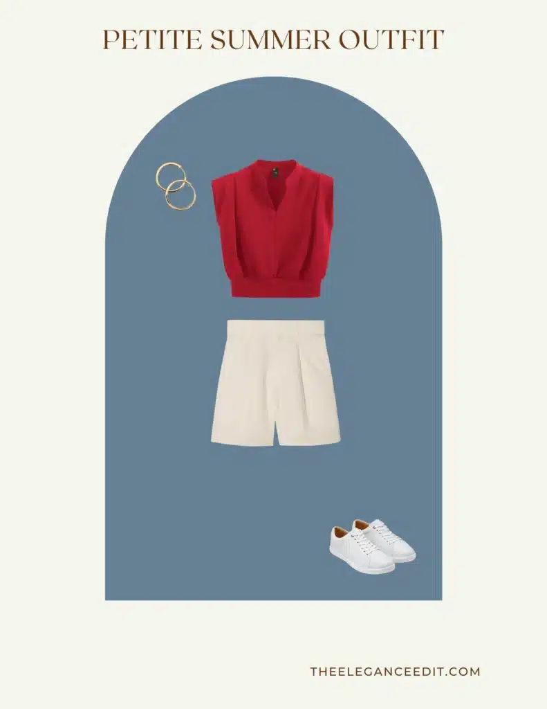 Petite Summer Outfit with linen shorts sneakers and vest