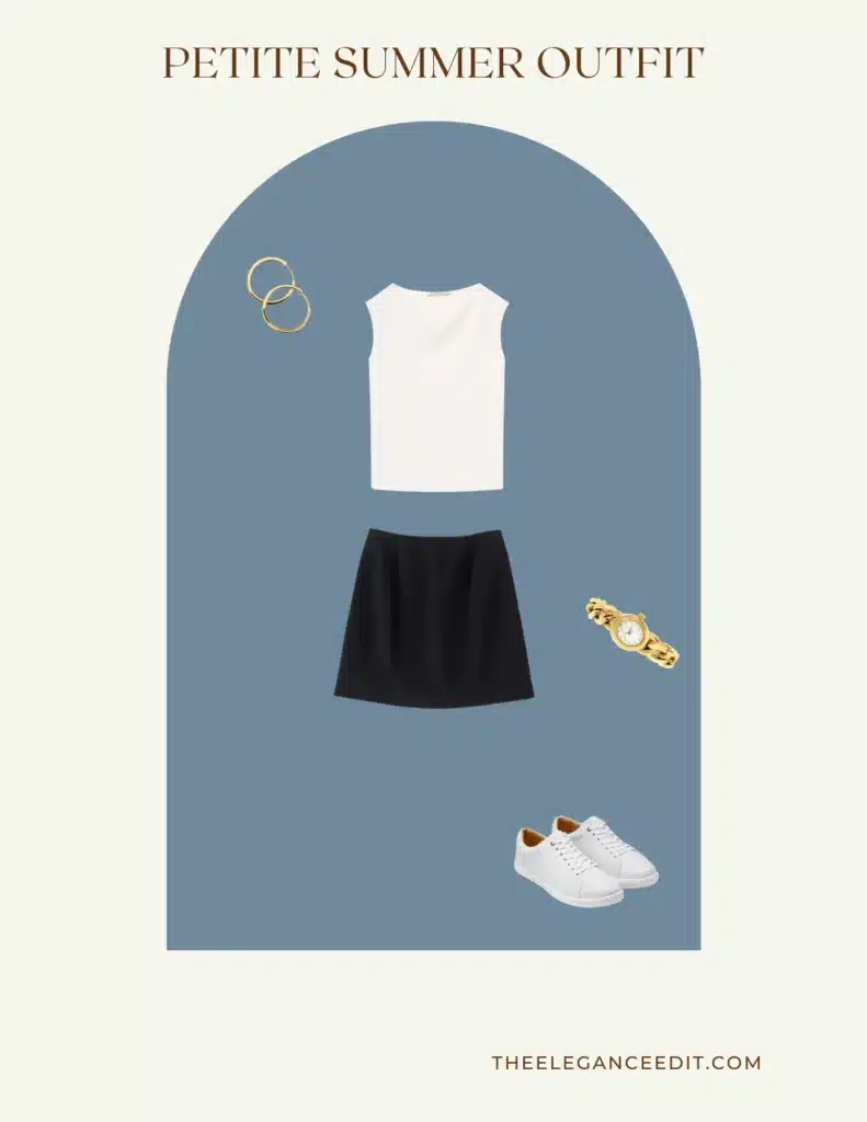 Petite casual summer outfit with tennis skirt and tank top and gold watch