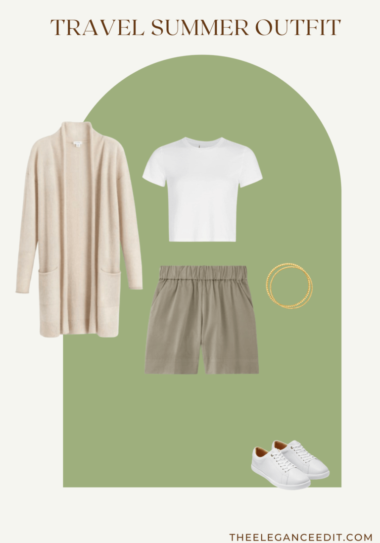 summer travel outfit with linen shorts and t-shirt