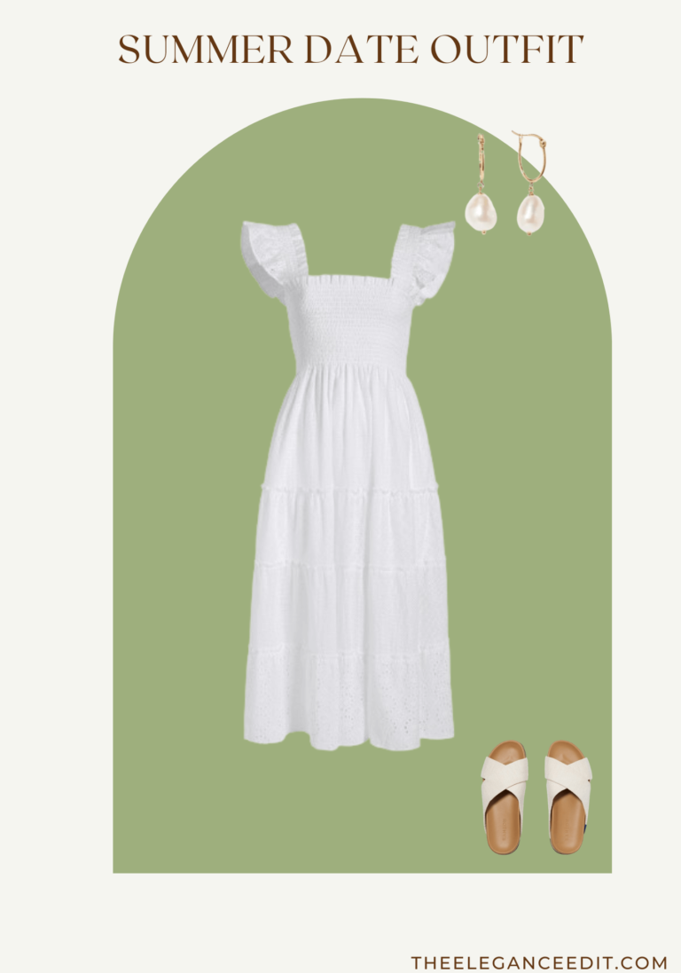 Summer dress outfit for date with white eyelet dress and drop earrings