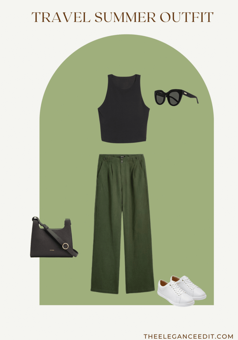 Summer airport outfit idea with linen trousers and tank top