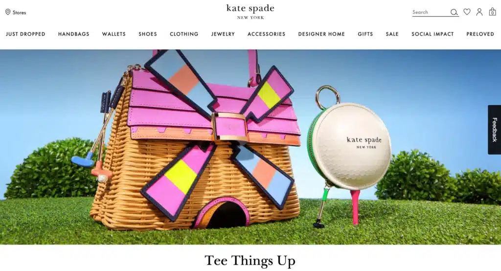 kate spade homepage of website showing hand bag and coin purse