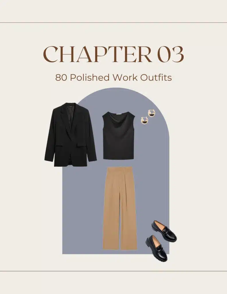 capsule wardrobe ebook showcasing 80 Polished work outfits