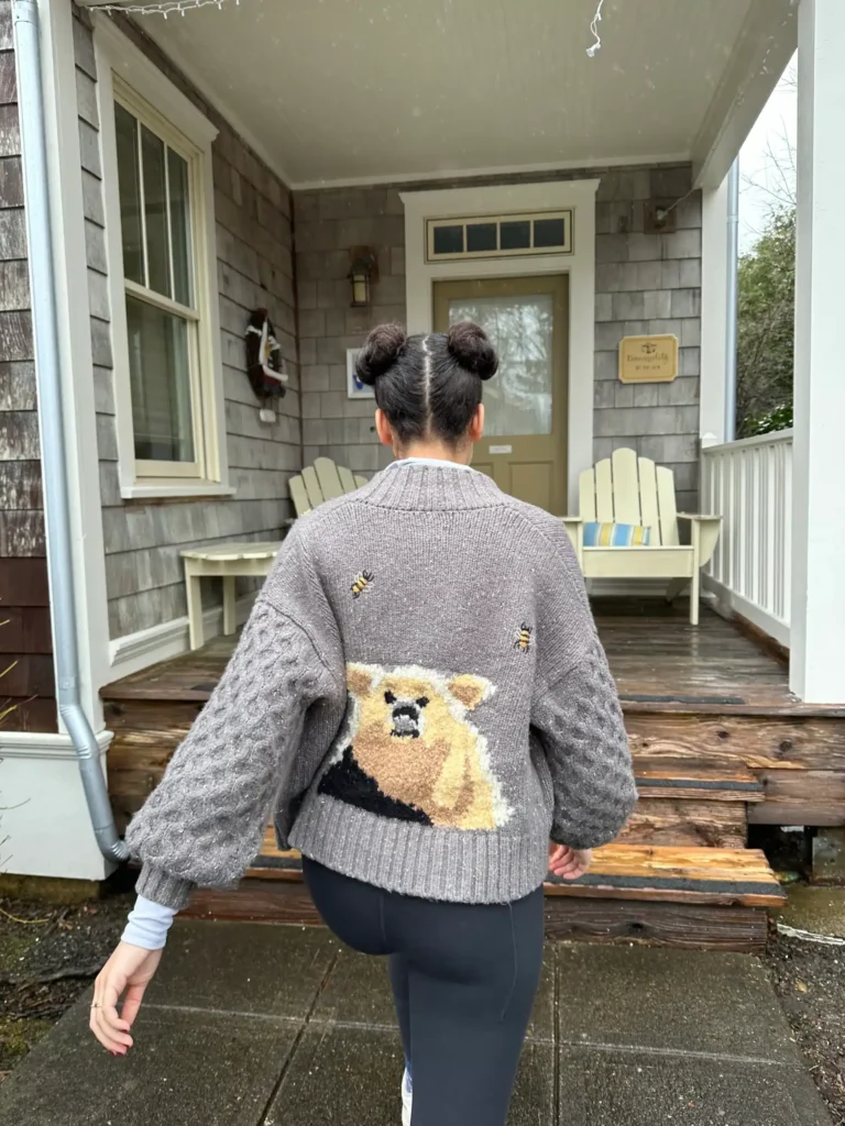 Cozy cardigan outfit with space buns