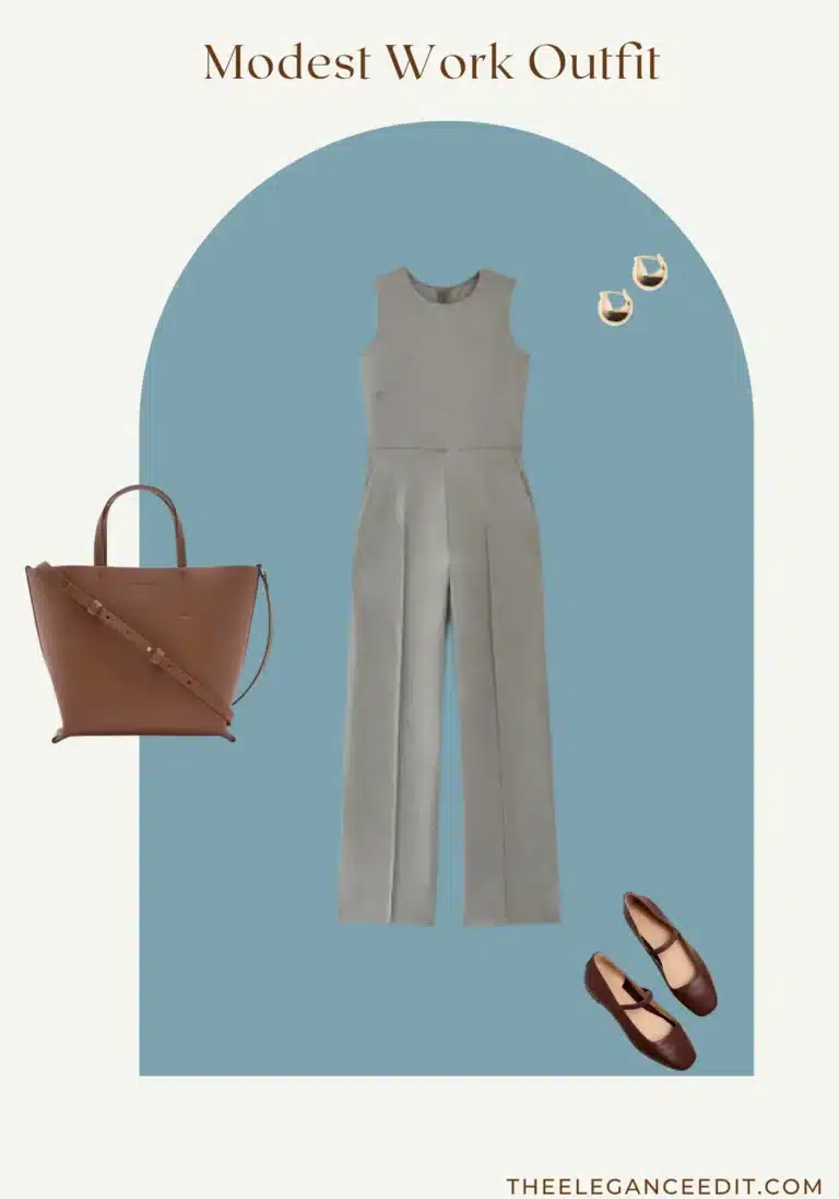 Modest Summer work Outfit with high neck jumpsuit and ballet flats
