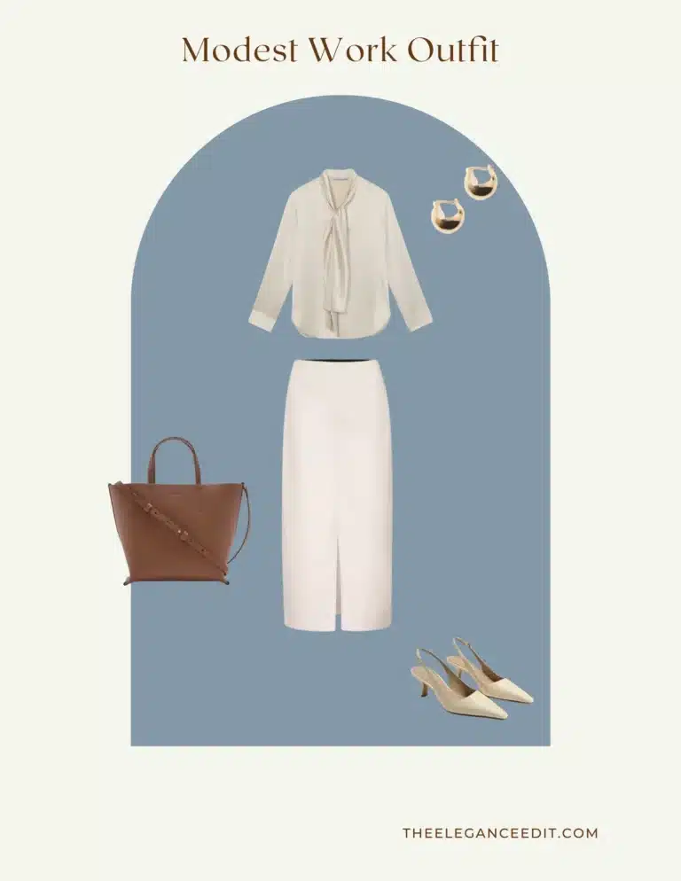 Modest Office Outfit with silk blouse and pencil skirt