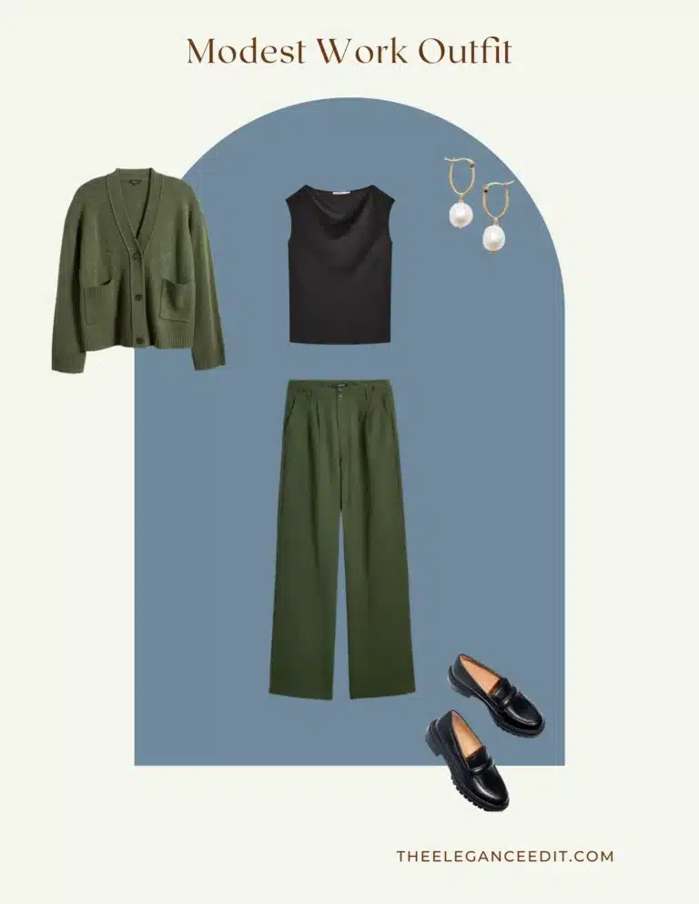 Modest Work outfit Idea with mock neck top, trousers, and loafers