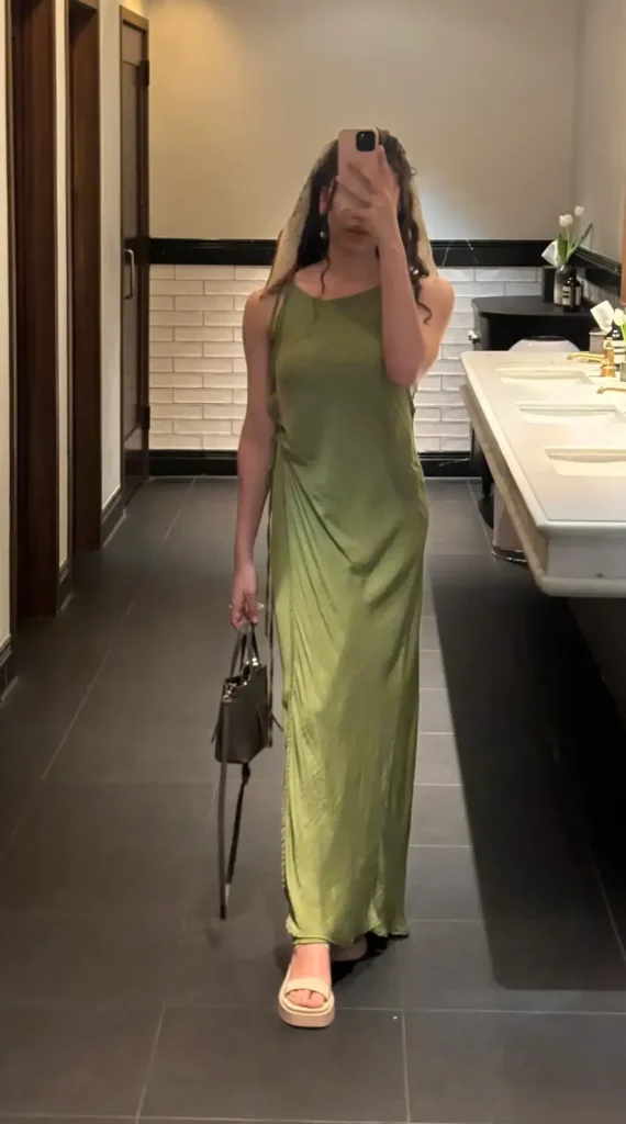 modest silk dress with sandals