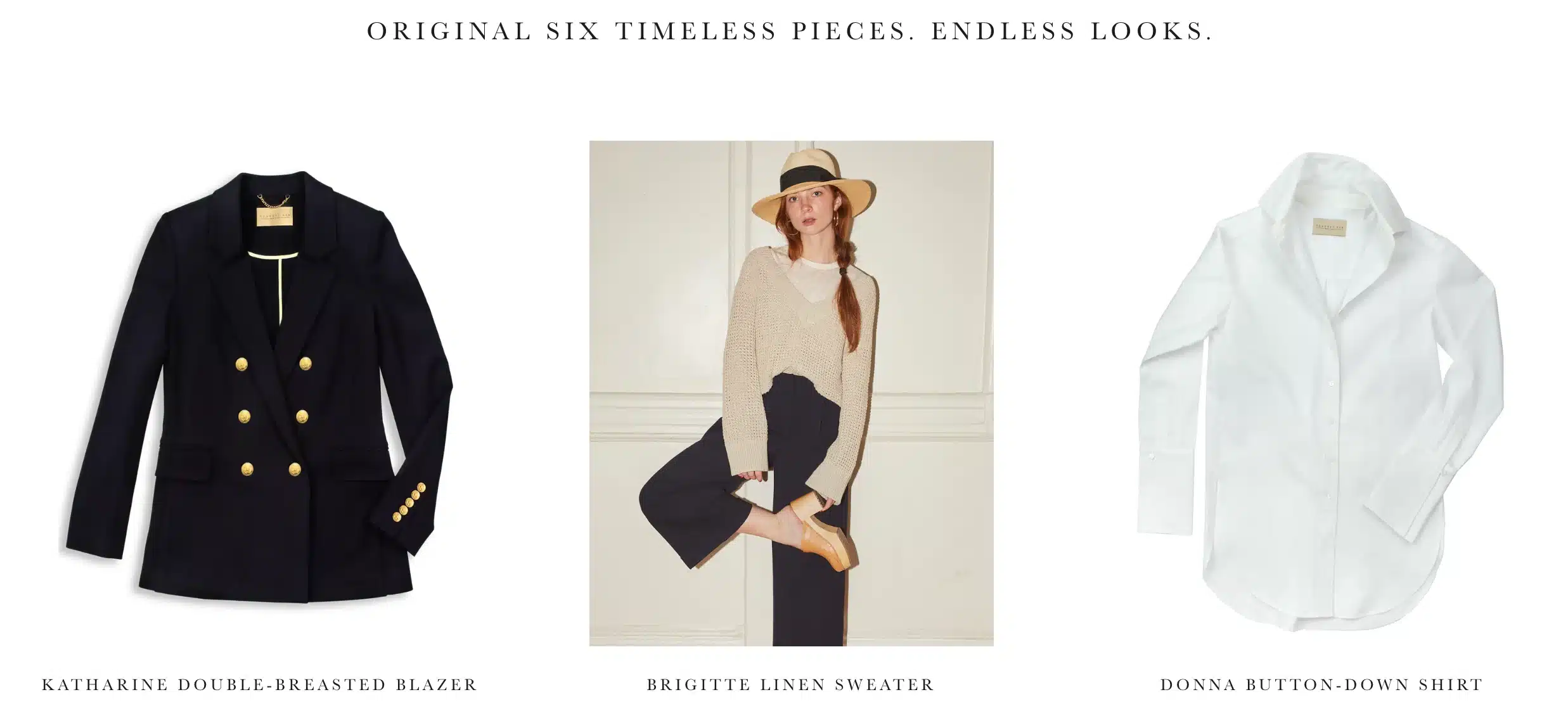 Classic Six Clothing Showcasing Blazer, Linen Sweater, and Button Down Shirt