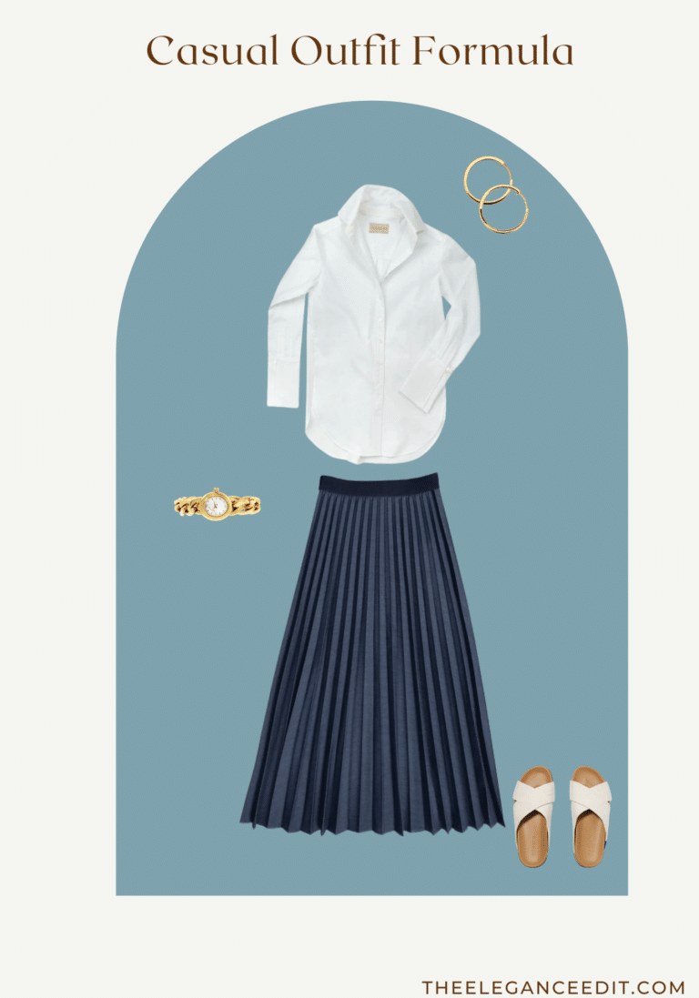 Dressy Casual Outfit Formula with button down shirt and pleated midi skirt