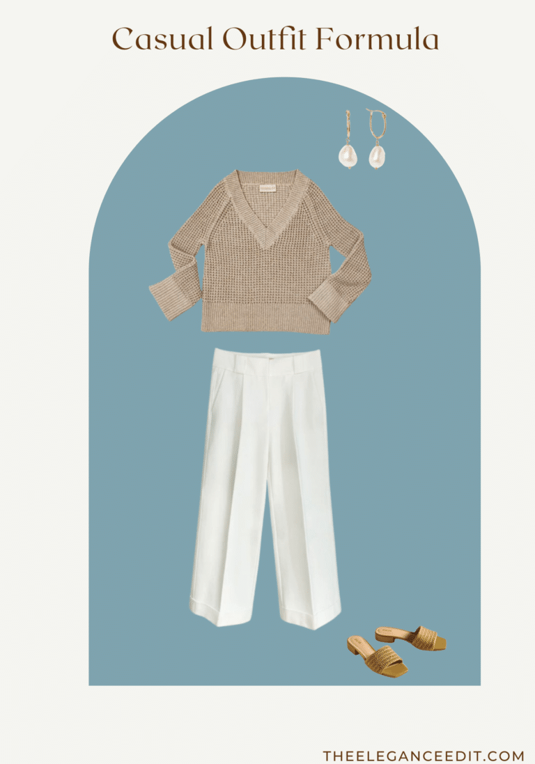 Neutral Casual Outfit Formula with beige sweater and trousers and mules