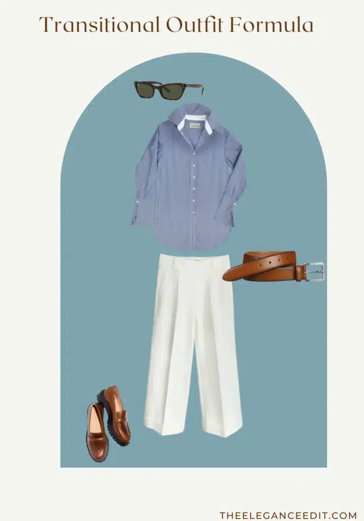 Transitional Outfit Formula for Spring with loafers and button down shirt