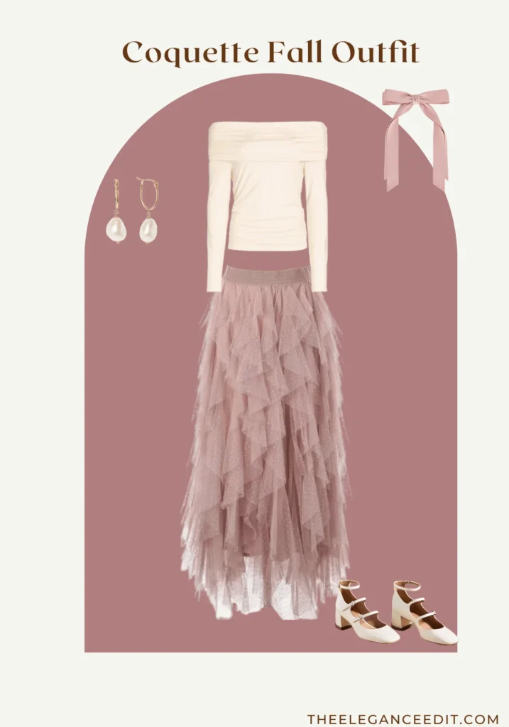 Coquette Fall Outfit with tulle skirt and off shoulder top with pink bow