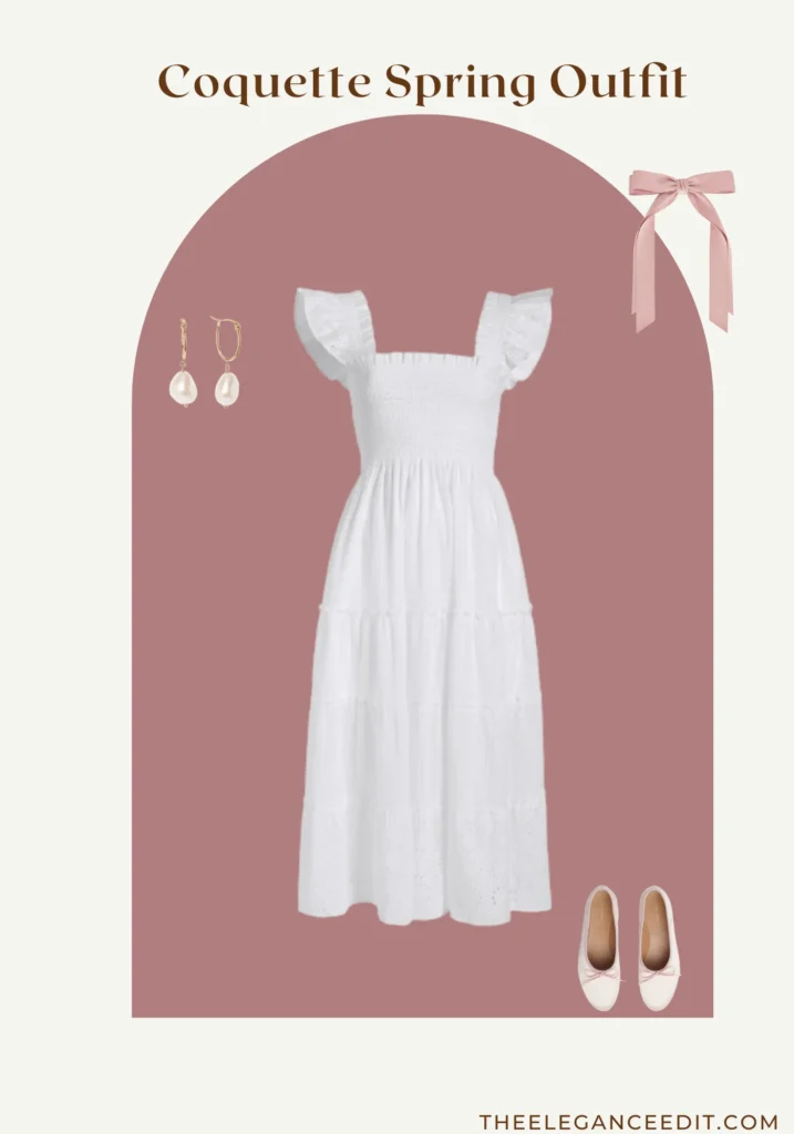 Coquette Spring Outfit with ballet flats and white frilly dress