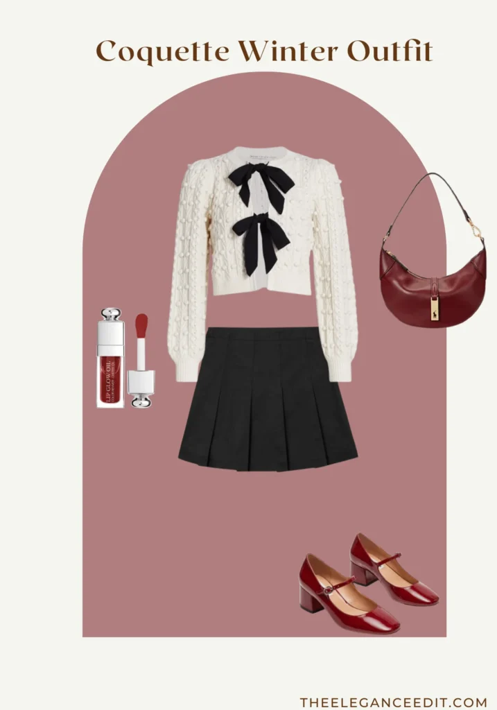 Coquette aesthetic outfit with bow cardigan, mini skirt, and kitten heels