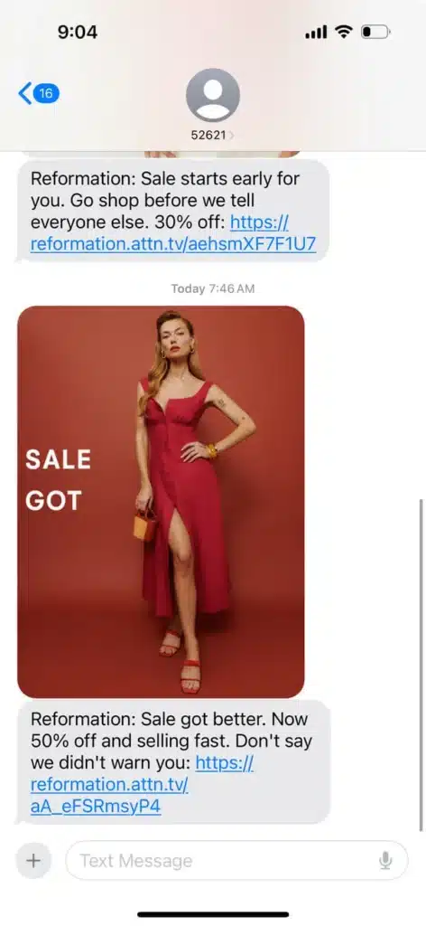 Reformation sale text alert on iphone