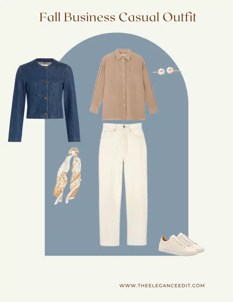 Business Casual Autumn Outfit featuring silk button down top, white jeans, denim jacket, and white sneakers