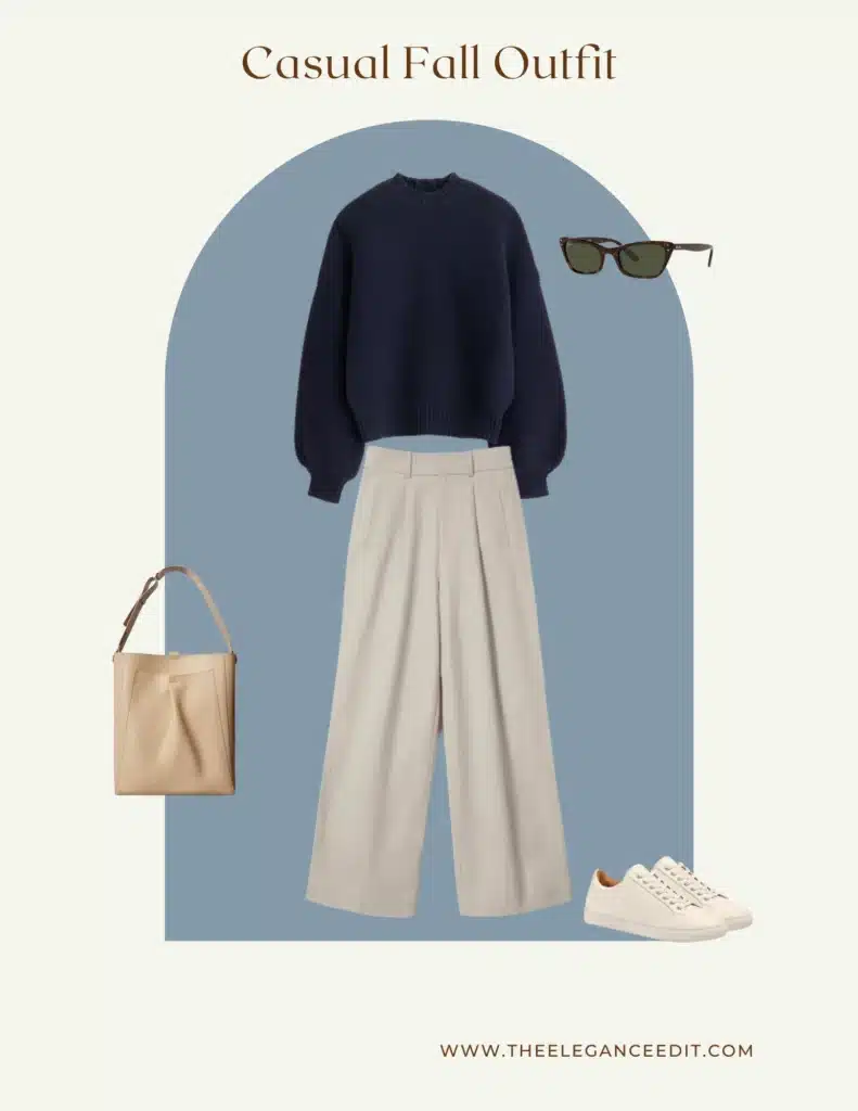 Casual Fall Outfit with wide leg trousers, balloon sleeve sweater, sunglasses, and a leather tote