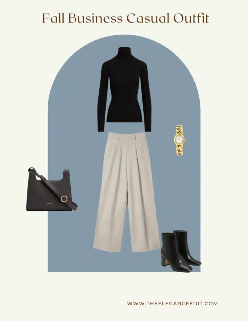 Fall Business Casual Outfit with turtleneck, wide leg trousers, and ankle boots