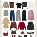 Fall Travel Capsule Wardrobe Minimalist graphic with tops, sweaters, and accessories