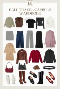 Fall Travel Capsule Wardrobe Minimalist graphic with tops, sweaters, and accessories