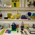 Luxury Handbag display in store with french writing