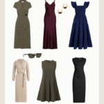 Capsule wardrobe dresses incuding a shirt dress, wrap dress, mini derss, LBD, and slip dress.