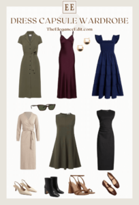 Capsule wardrobe dresses incuding a shirt dress, wrap dress, mini derss, LBD, and slip dress.