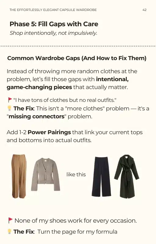 Premade capsule wardrobe guide featuring page on how to fill wardrobe gaps