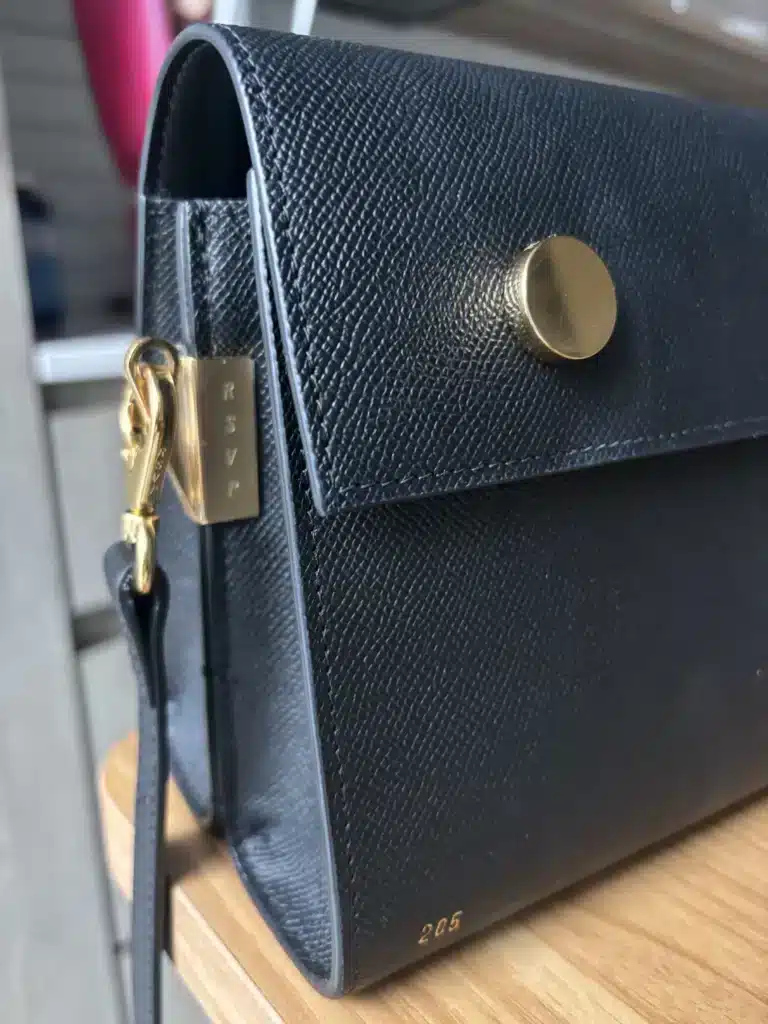 RSVP Paris Bag Review with closeup of grained leather handbag