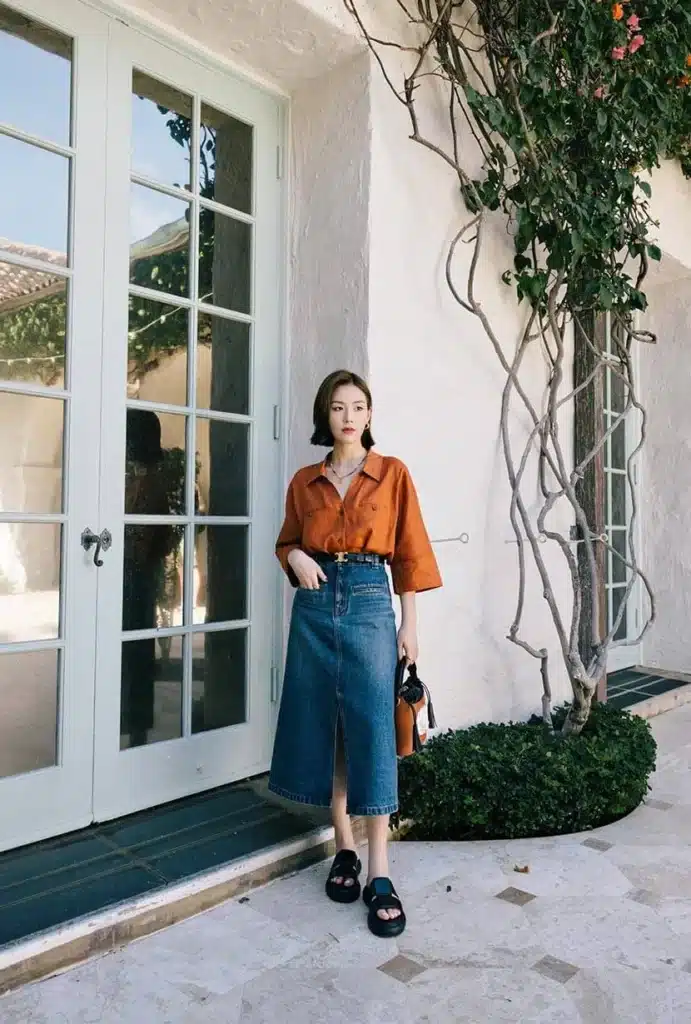Woman wearing organge button down top and denim skirt from Petite Studio