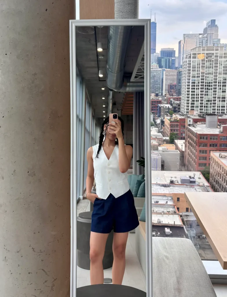 Petite Outfit idea with tailored a line high waisted shorts and sleeveless vest