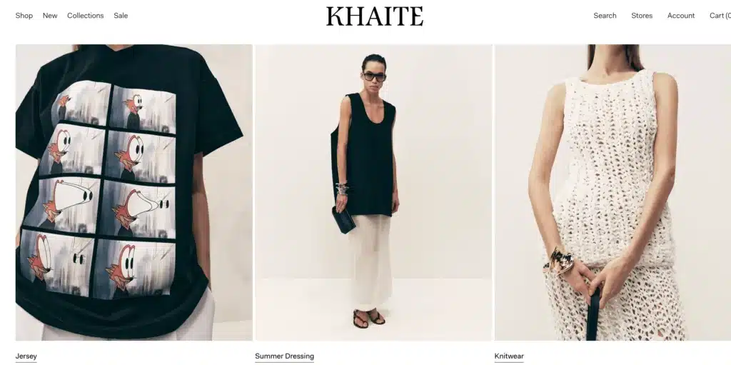 Khaite website featuring knitwear and woman in blank tank top