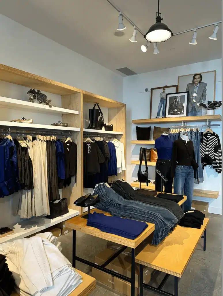 Store with denim folded on wood tables and blazers hanging in the back