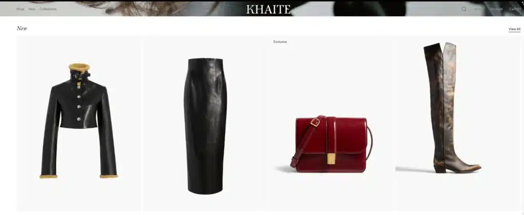 Khaite old money brand designs featuring handbags, leather skirt, and boots