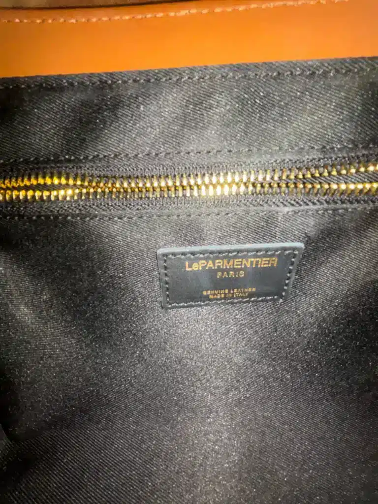 Le Parmentier bag review showing authentic Italian Leather label inside handbag
