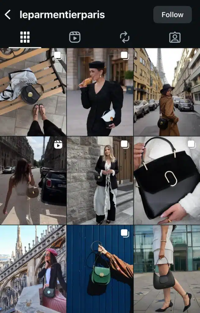 LeParmentier Paris instagram feed with Thais , yucca, and other leather handbags