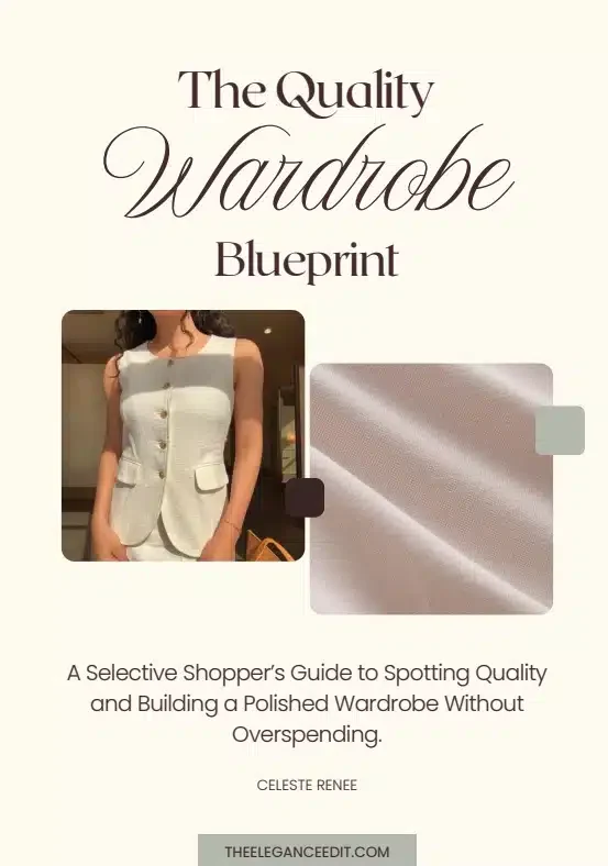 Quality Wardrobe Blueprint cover with a woman in a quality outfit and subtext on how to select lasting clothing.
